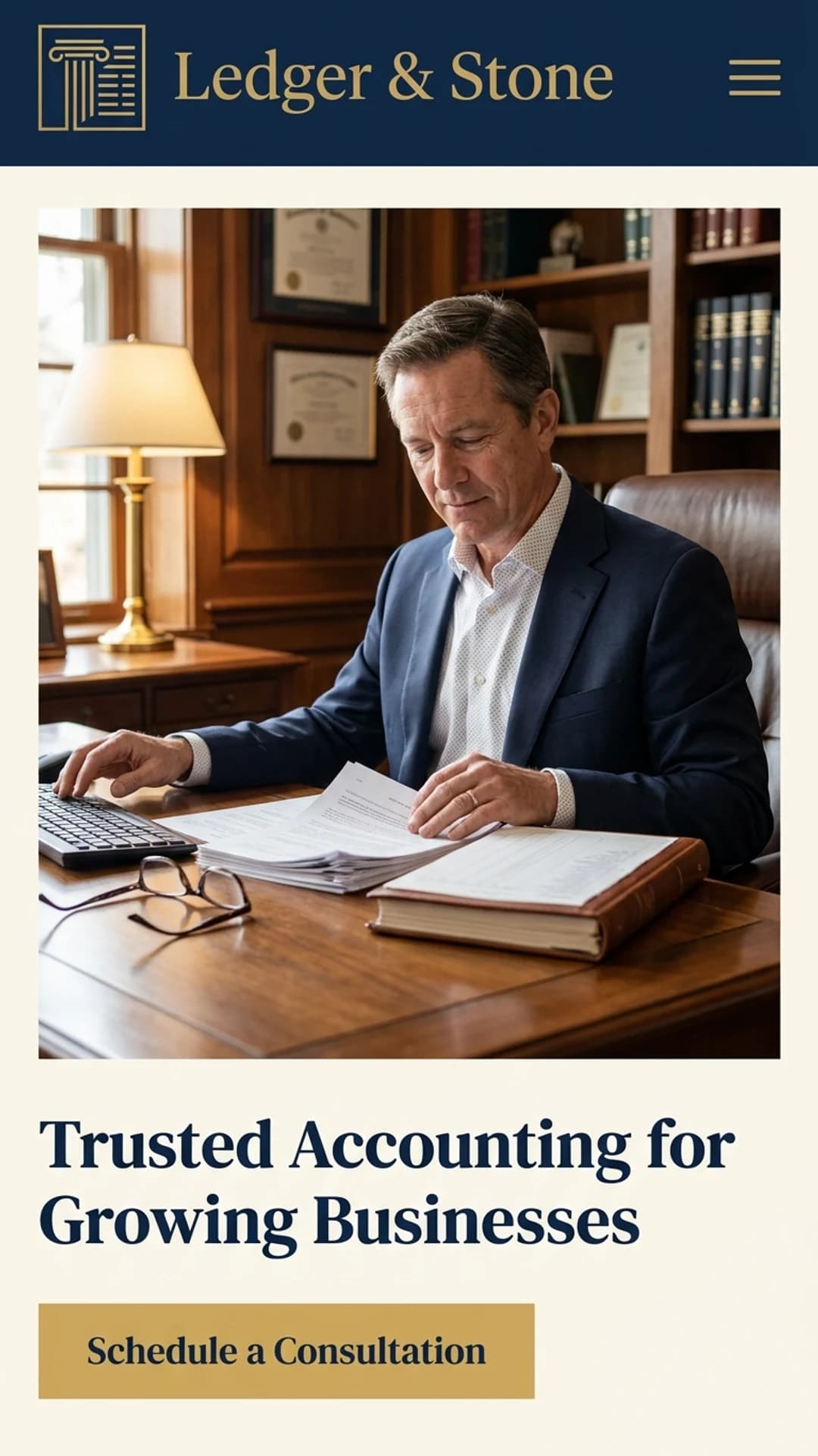 Traditional CPA firm website design example, mobile view