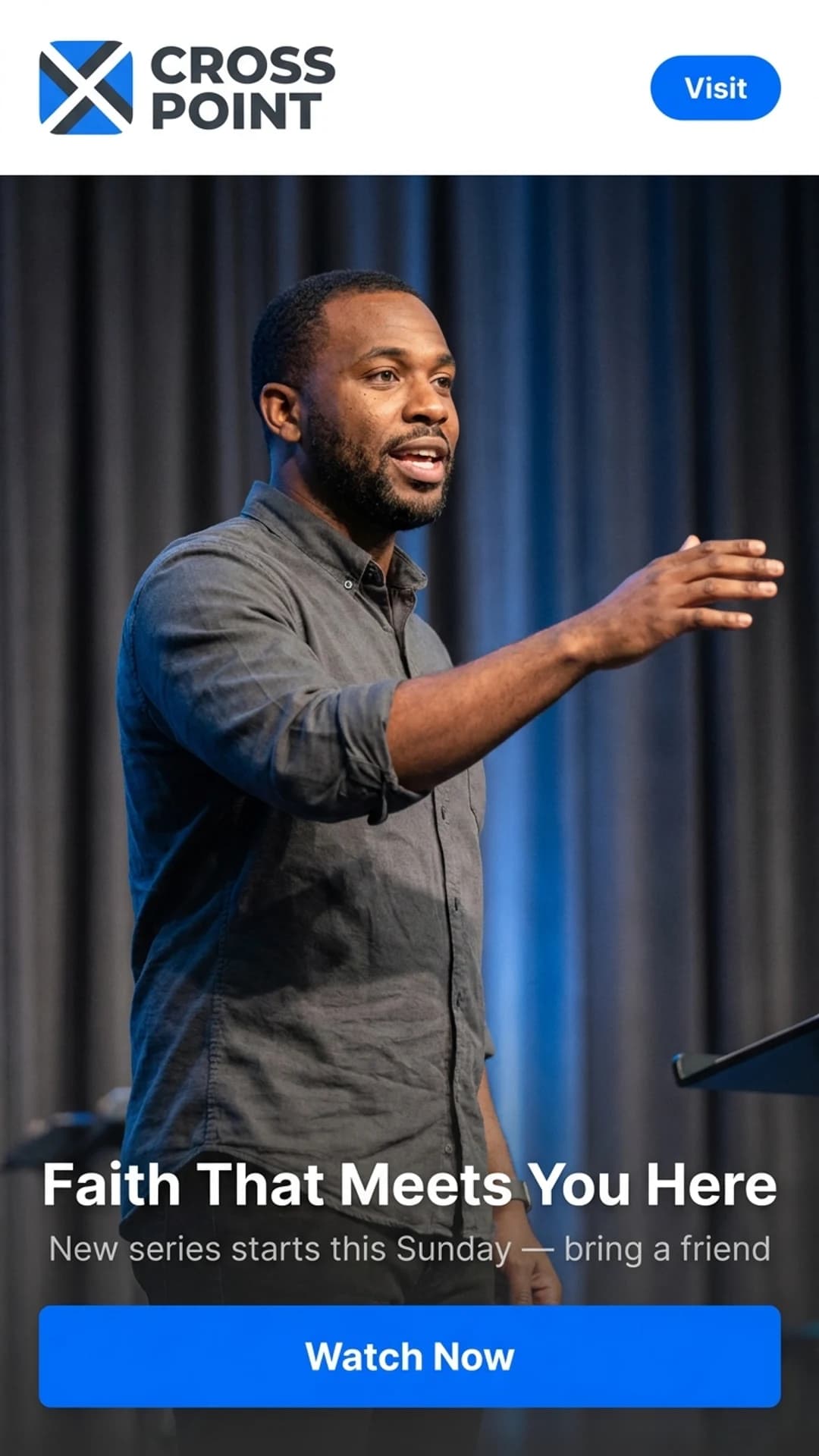 Modern church website design example, mobile view