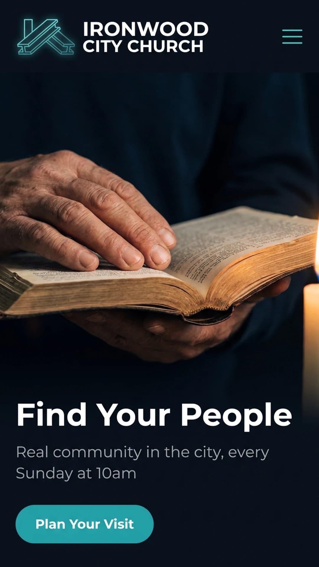Urban church website design example, mobile view