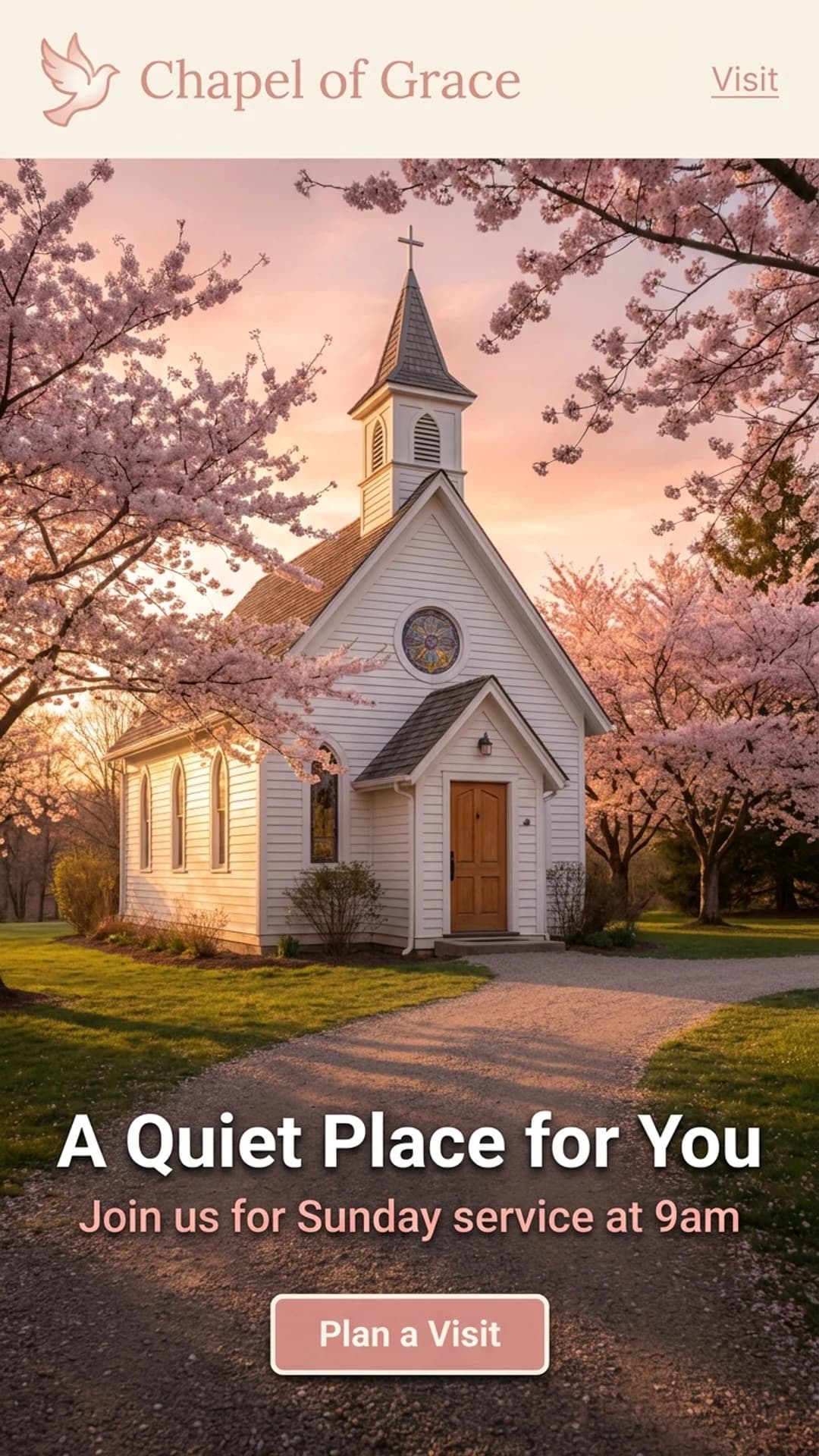 Small chapel website design example, mobile view