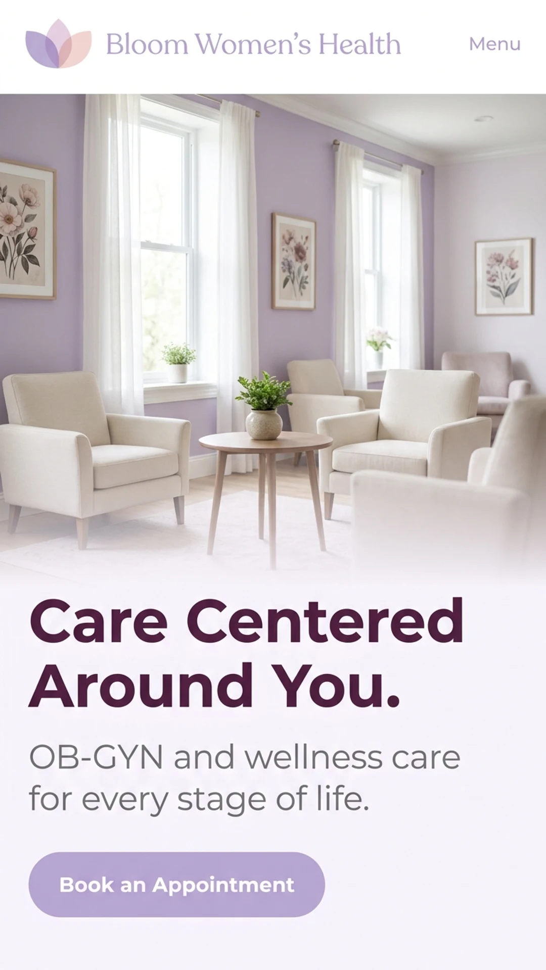 Women's health practice website design example, mobile view