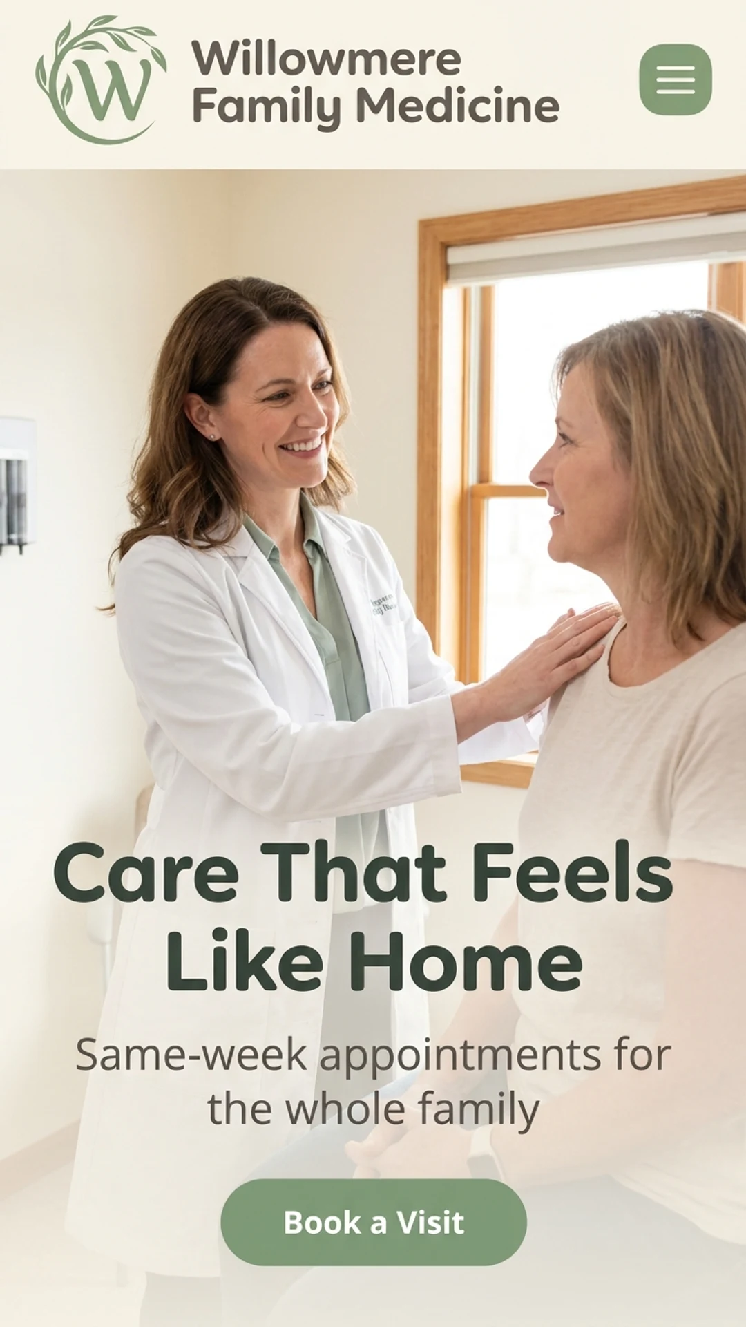 Family medicine practice website design example, mobile view