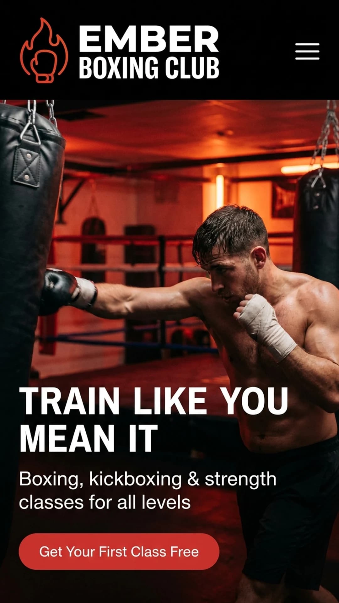 Boxing and combat sports gym website design example, mobile view