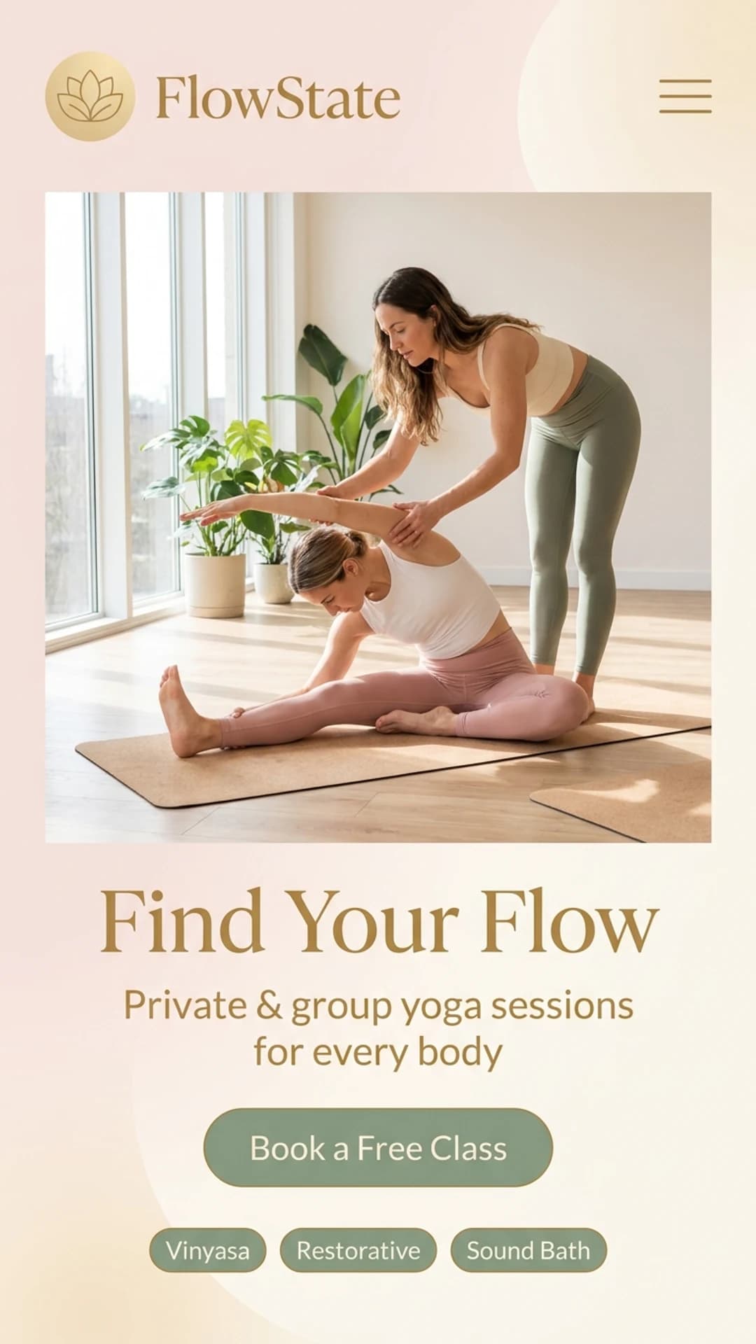 Boutique yoga and wellness studio website design example, mobile view