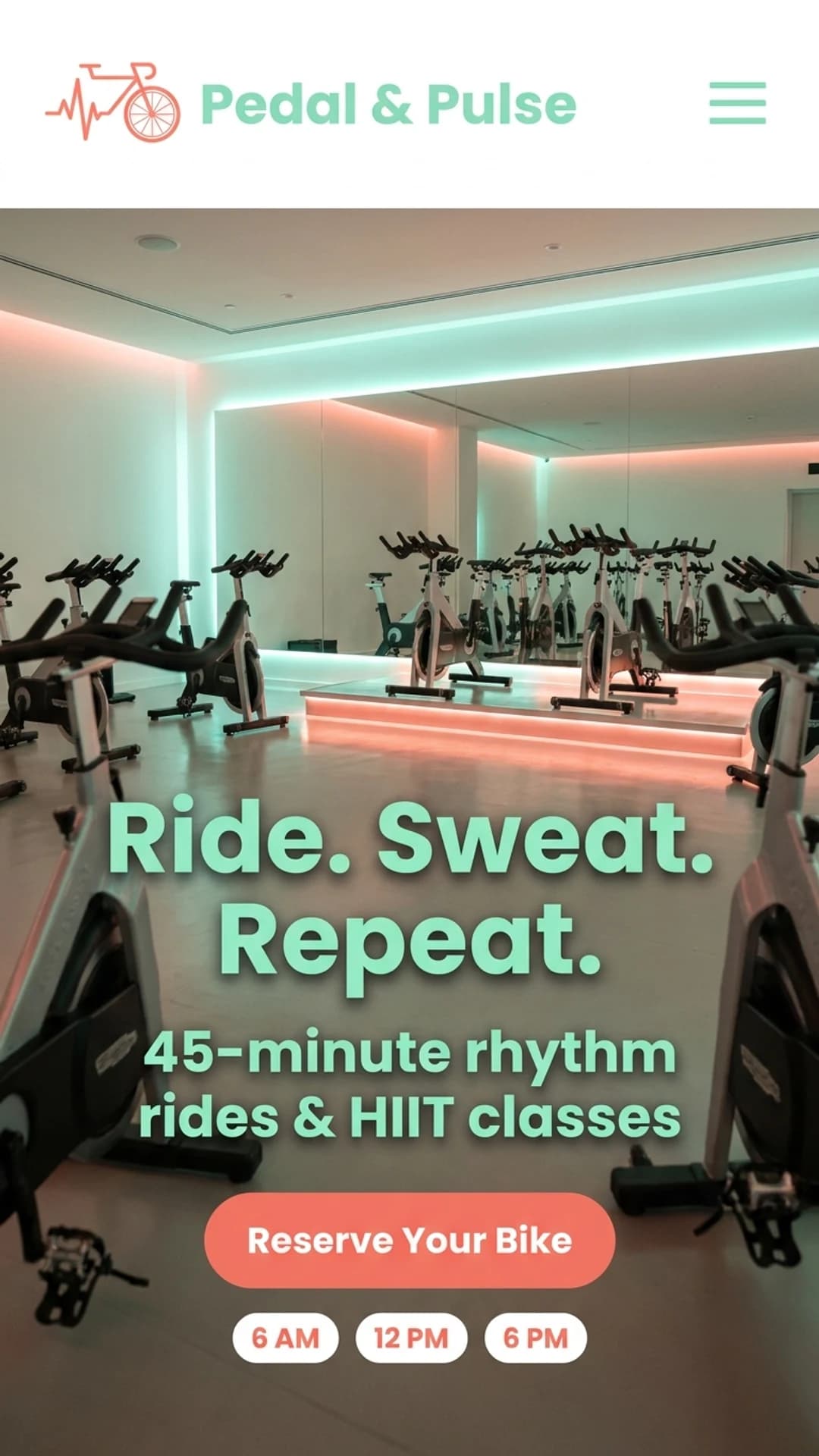 Boutique indoor cycling and HIIT studio website design example, mobile view