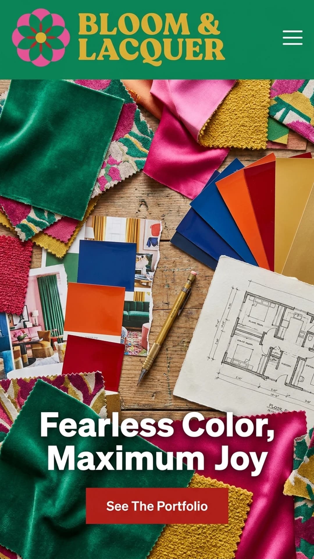 Bold, colorful maximalist interior design studio website design example, mobile view