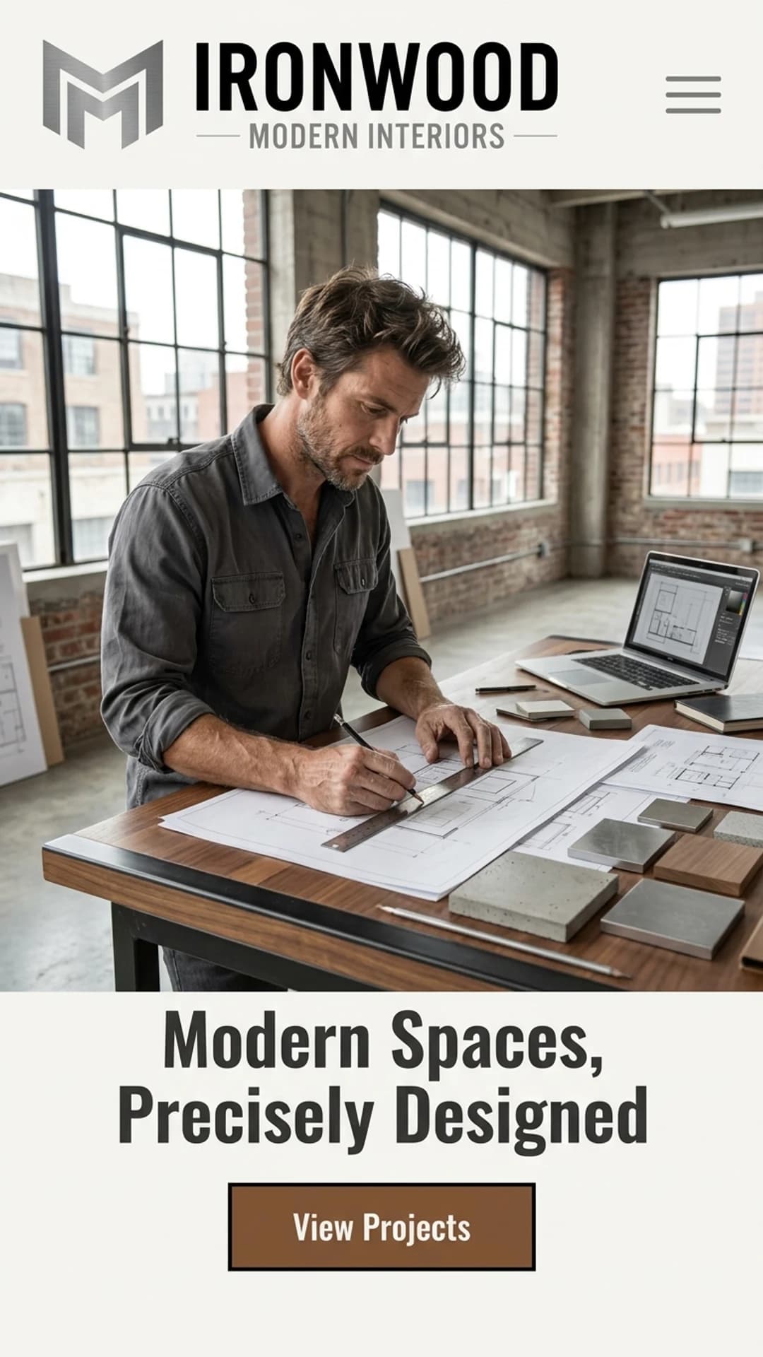 Modern minimalist interior design studio website design example, mobile view