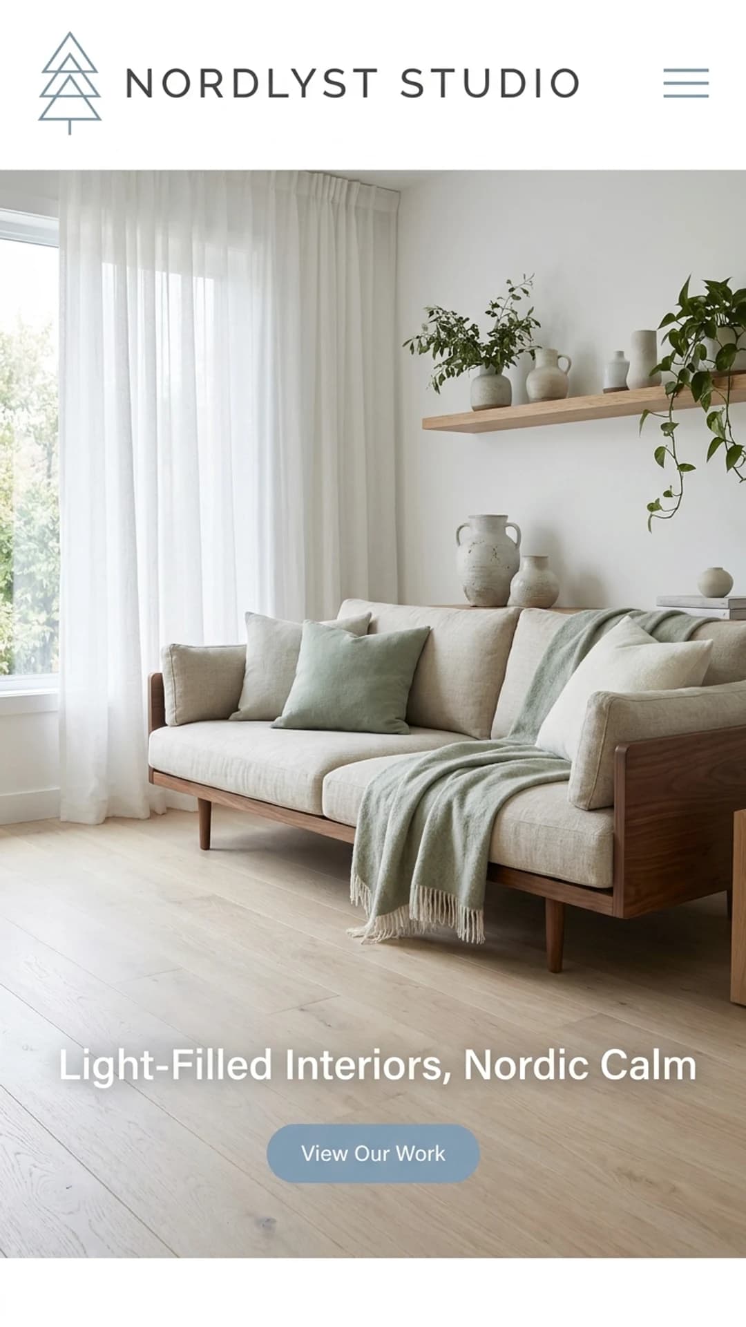 Scandinavian light-wood interior design studio website design example, mobile view