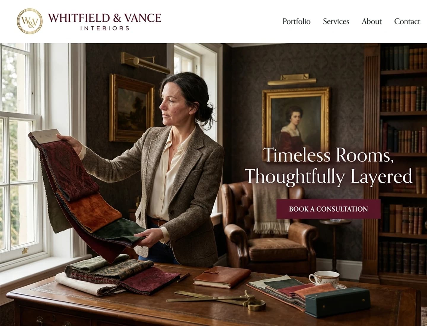 Warm heritage-style interior design studio website design example