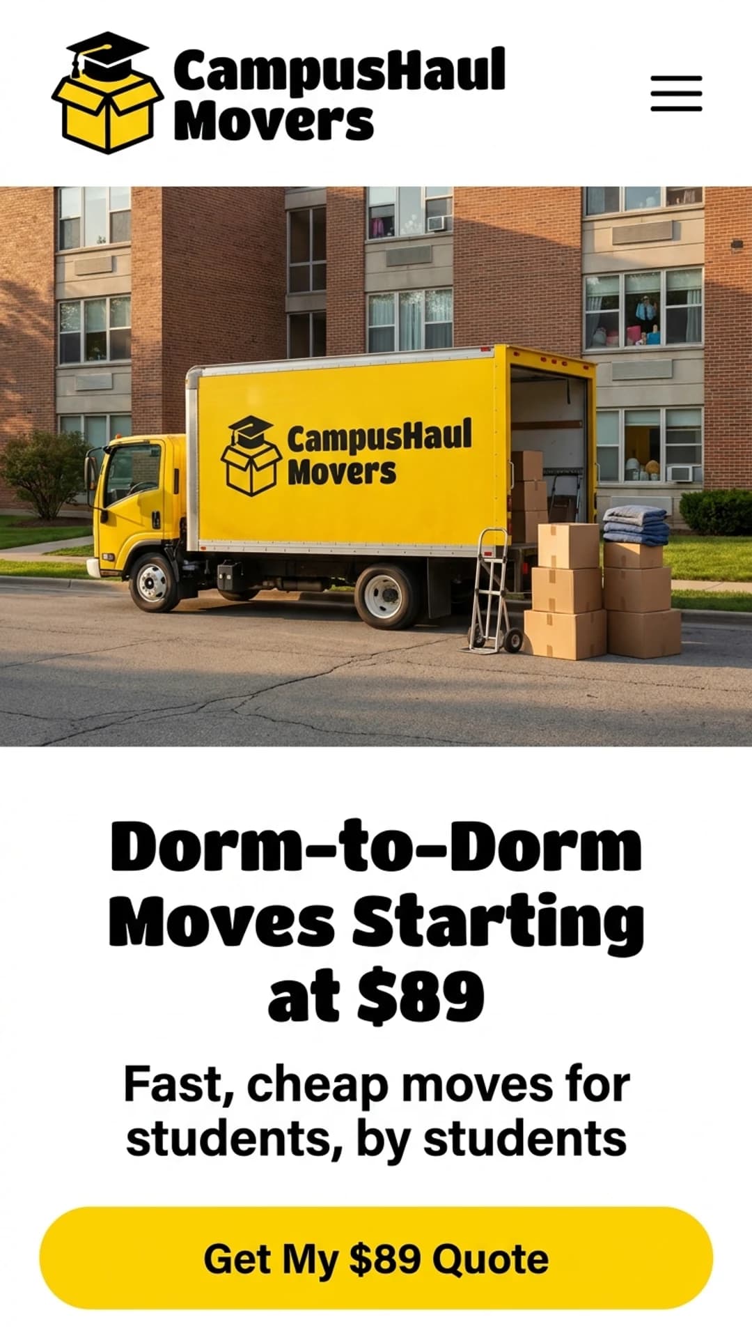 Budget student moving company website design example, mobile view