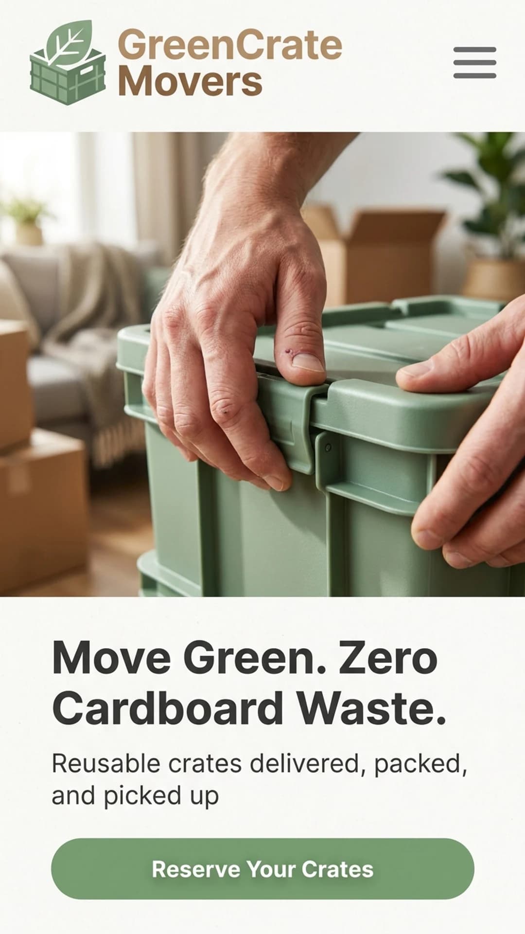 Eco-friendly reusable-crate moving company website design example, mobile view