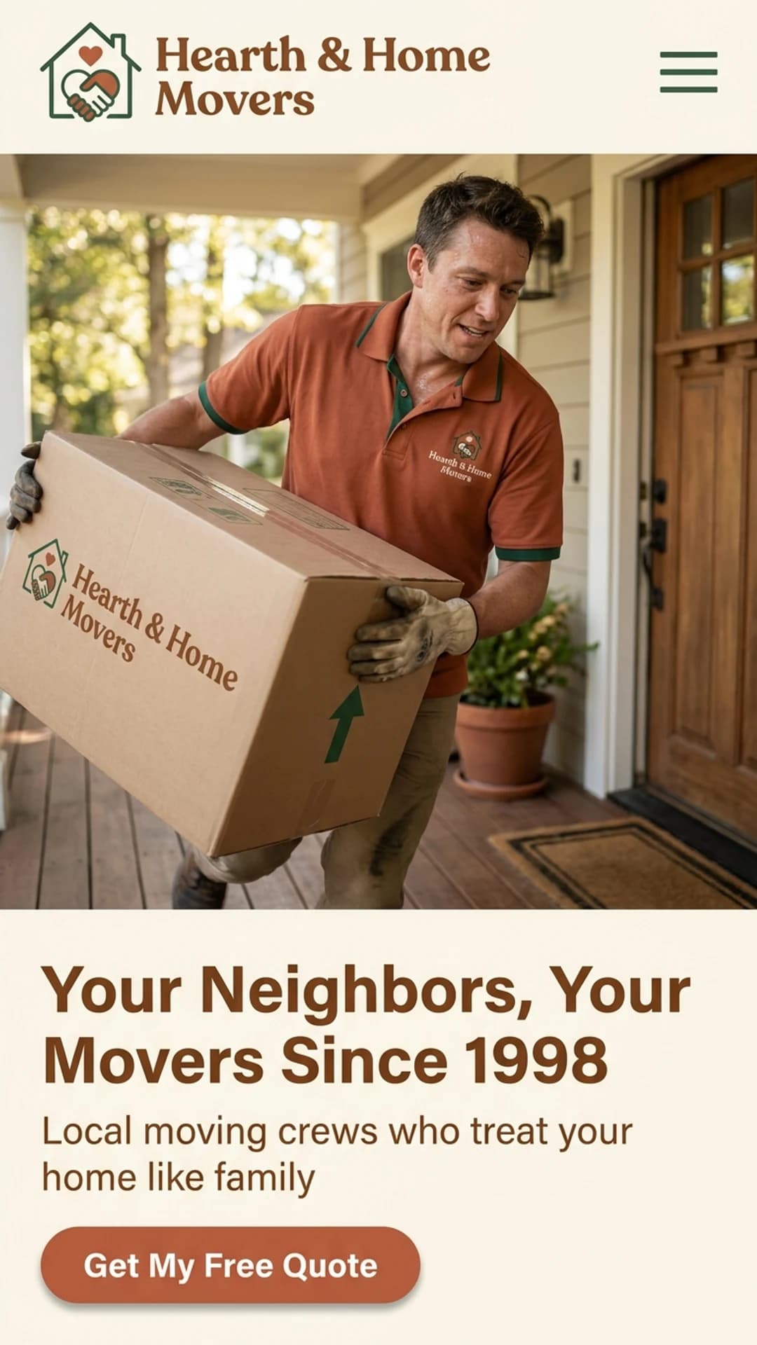 Local family-owned moving company website design example, mobile view