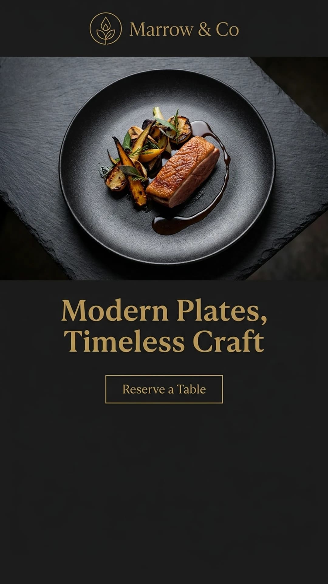 Fine-dining restaurant website design example, mobile view