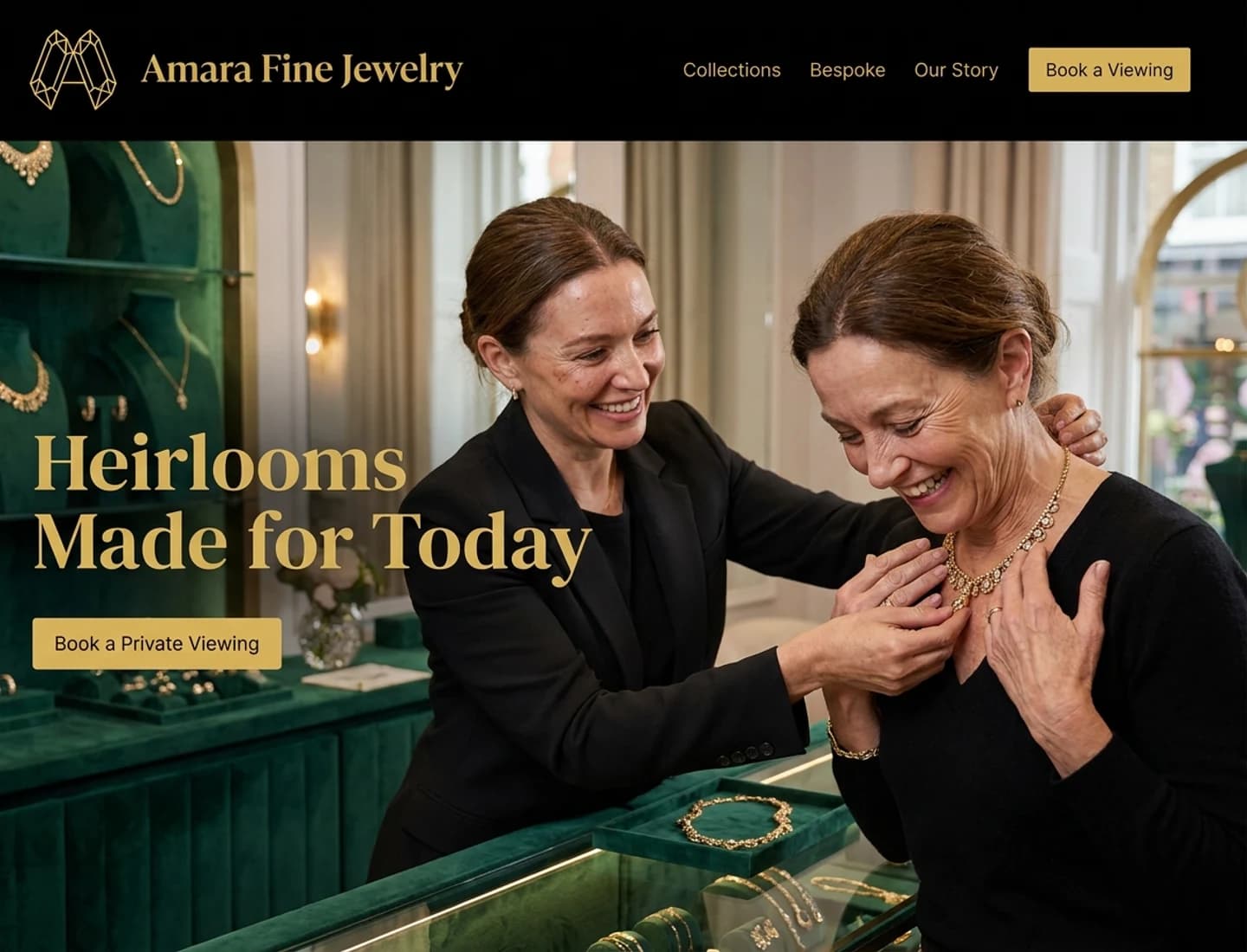 Fine jewelry shop website design example with a jeweler helping a customer
