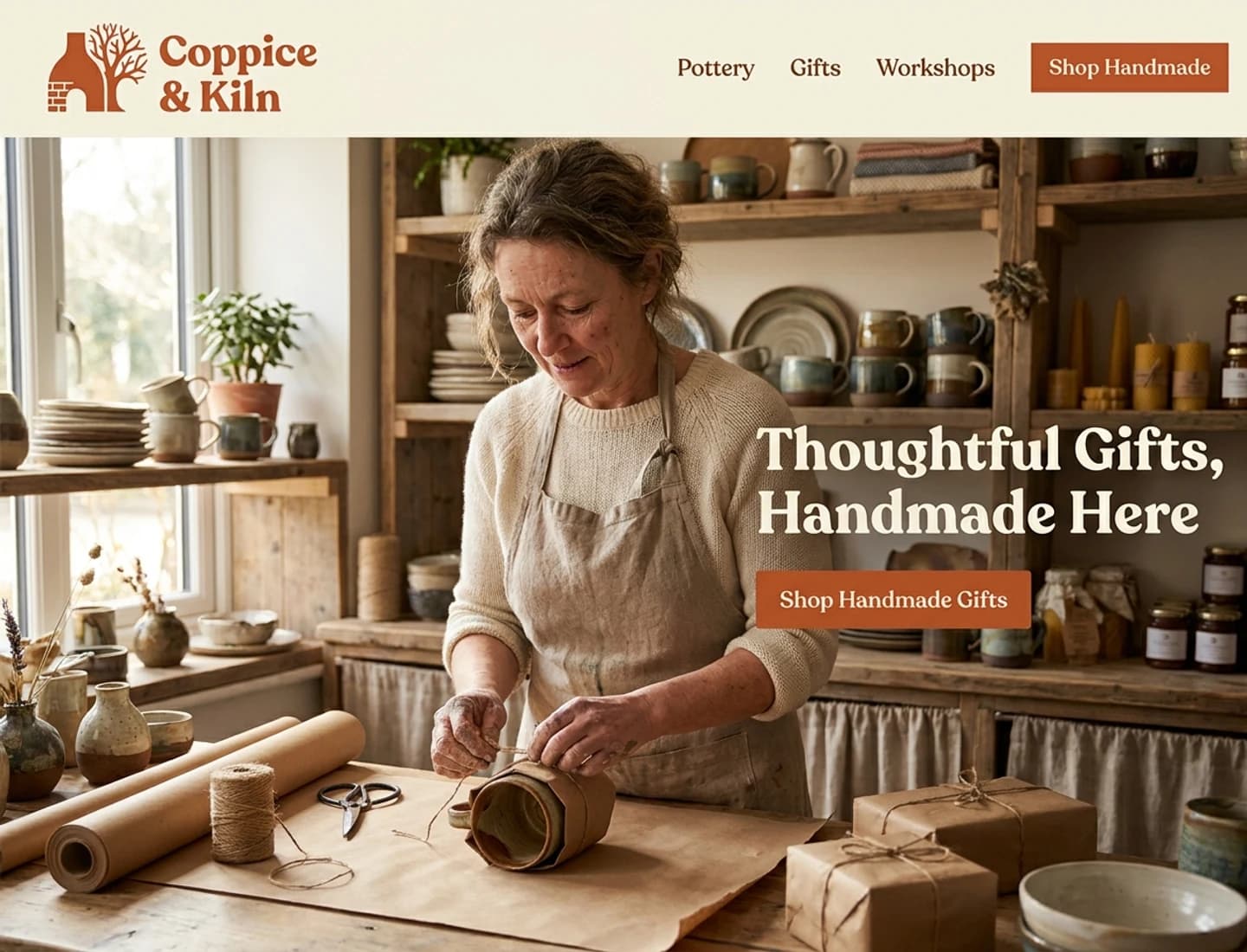 Artisan gift shop website design example with a shopkeeper wrapping a gift