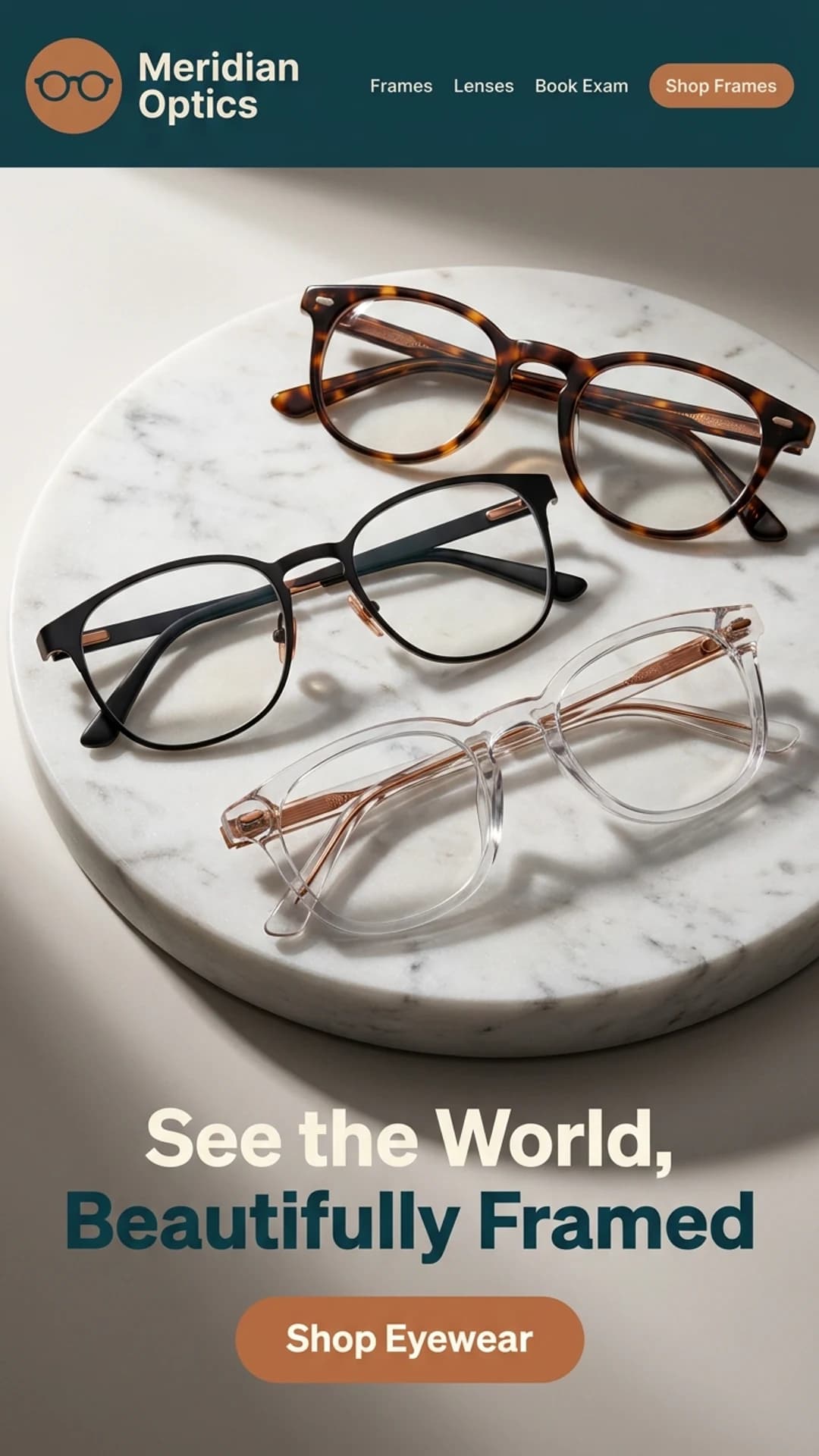 Eyewear boutique website design example with a close-up product display, mobile view