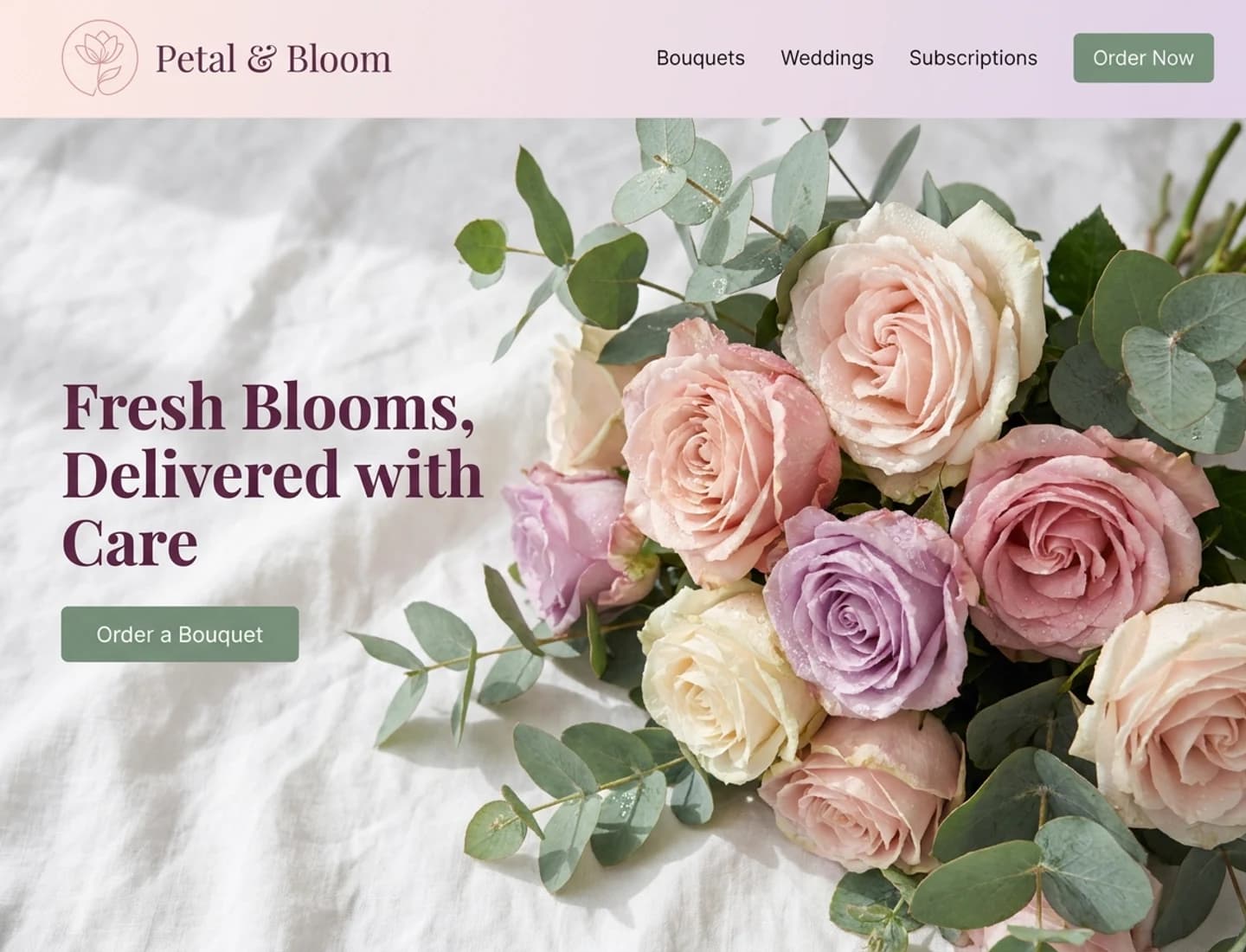 Florist website design example with a close-up bouquet photo
