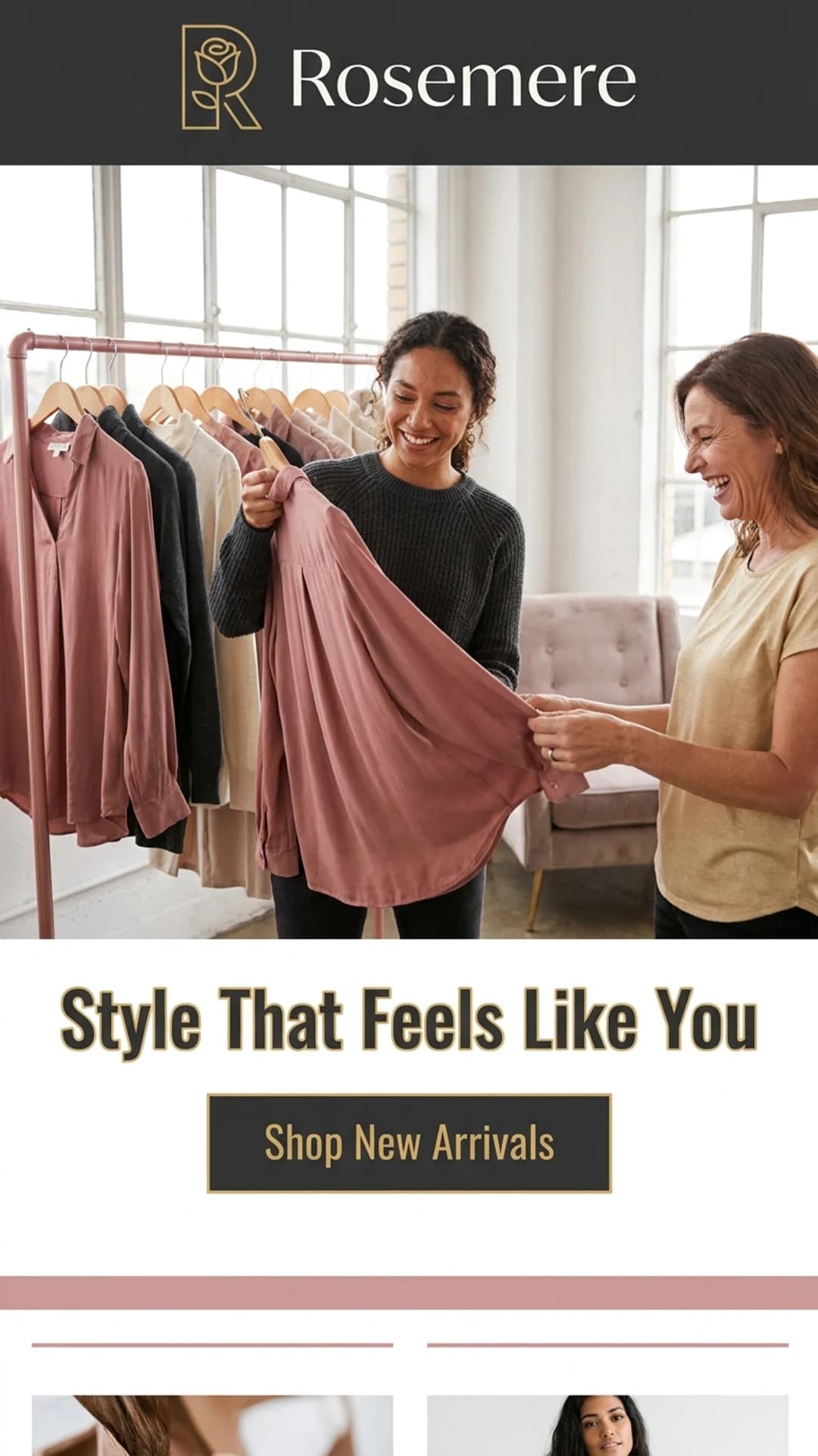 Boutique clothing store website design example with a shopkeeper helping a customer, mobile view