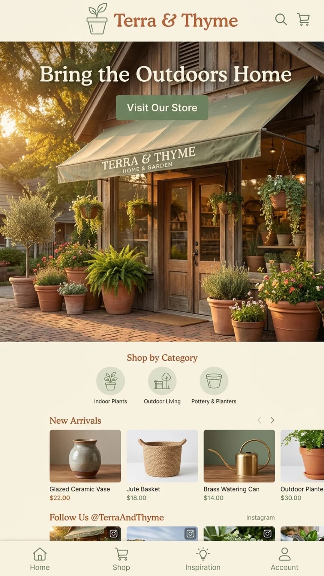 Home goods and garden store website design example with a storefront photo, mobile view