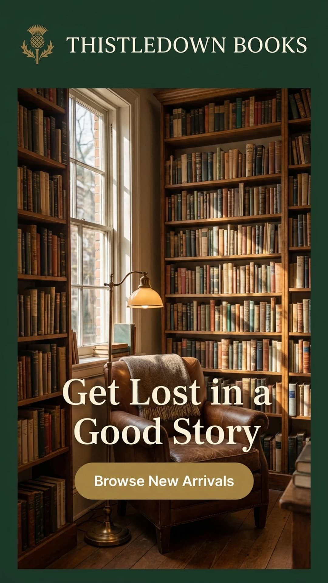 Independent bookstore website design example with a cozy interior photo, mobile view