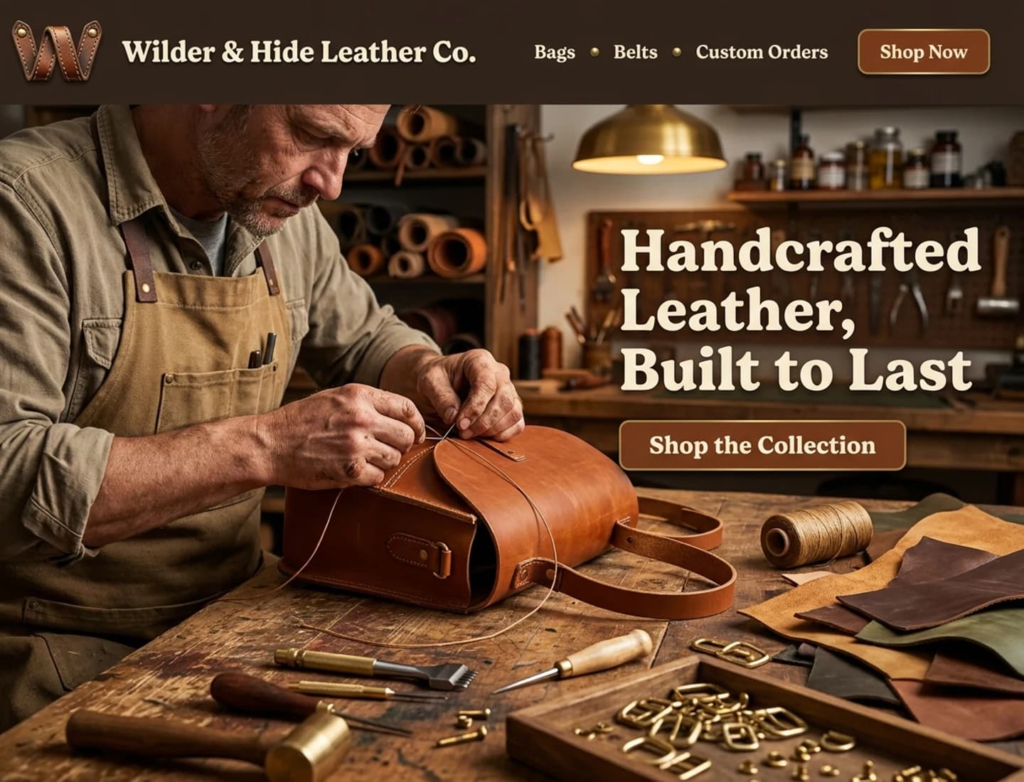 Leather goods shop website design example with an artisan crafting a bag