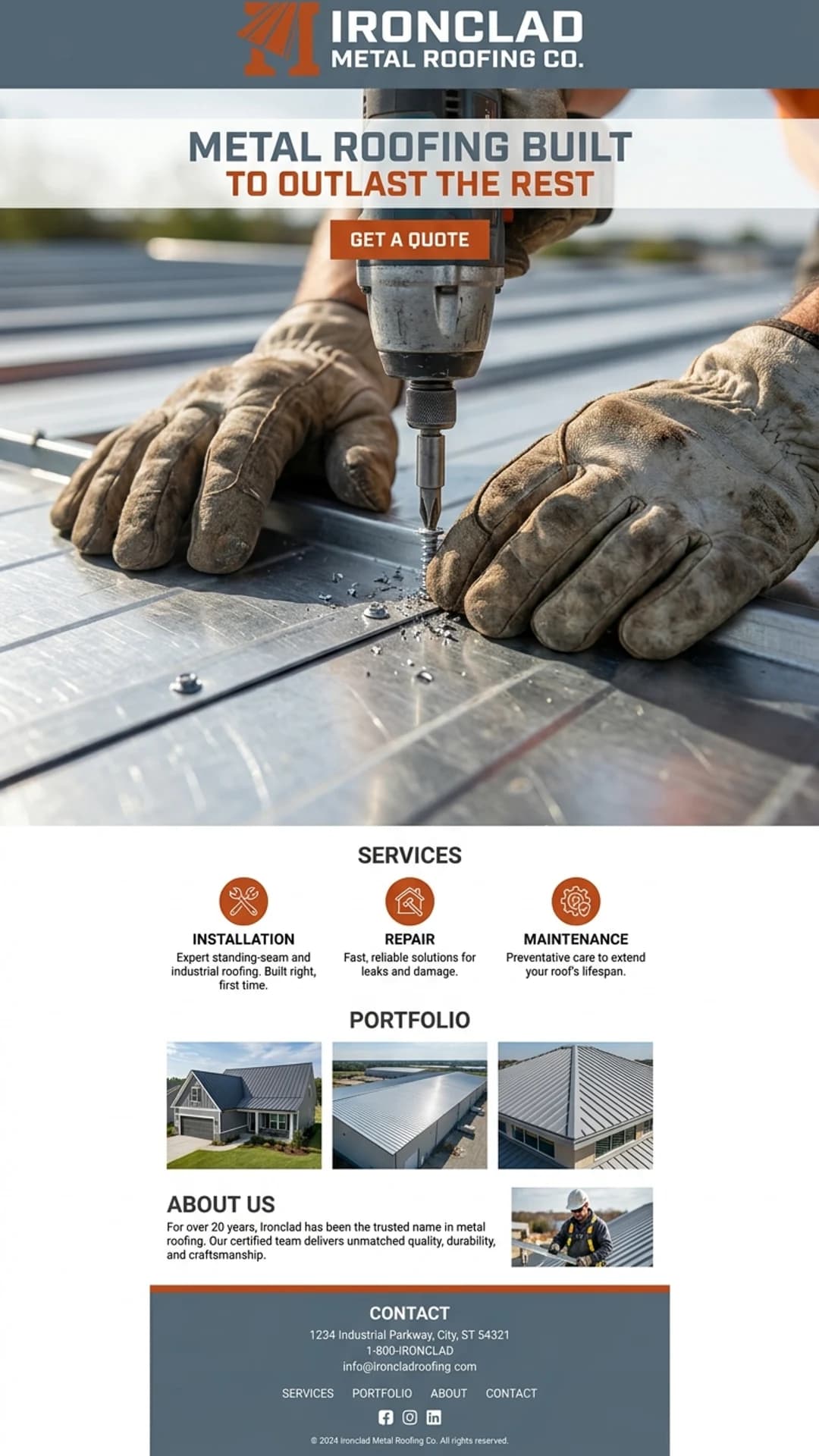 Metal roofing specialist company website design example, mobile view