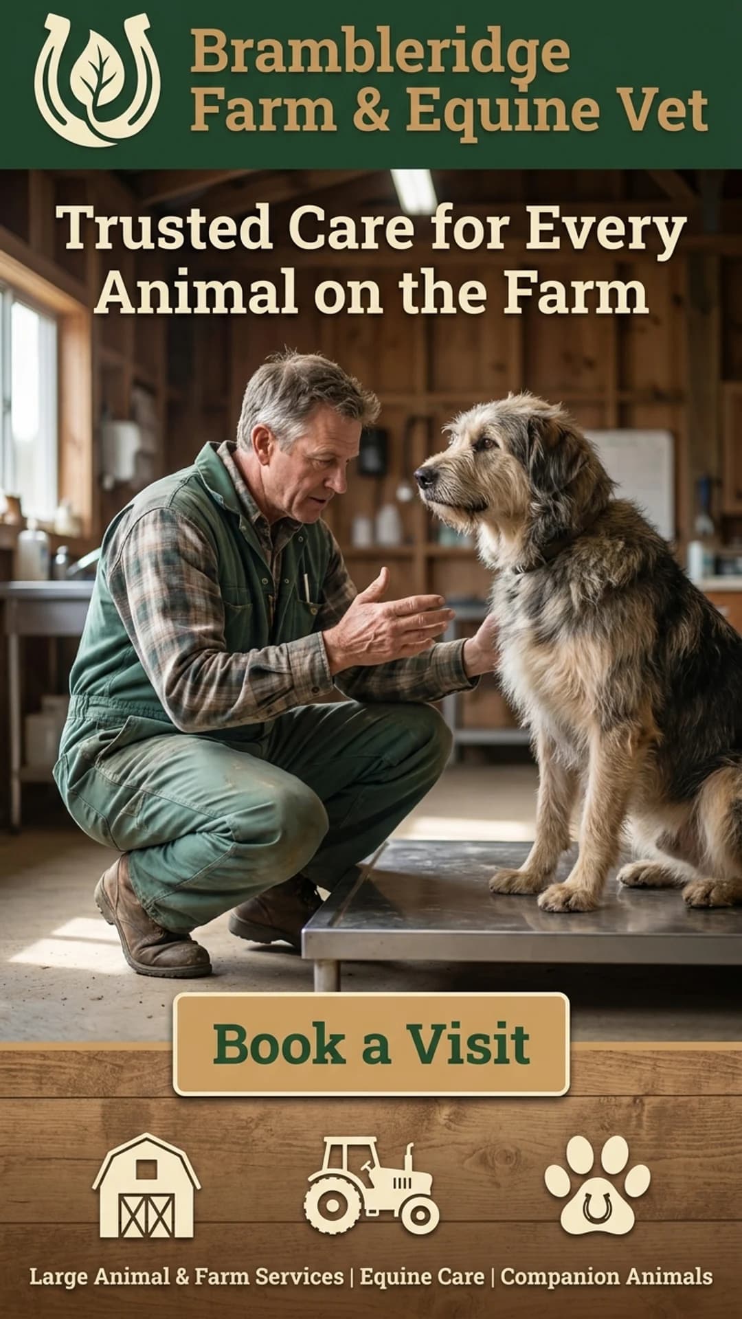 Farm and equine veterinary clinic website design example, mobile view