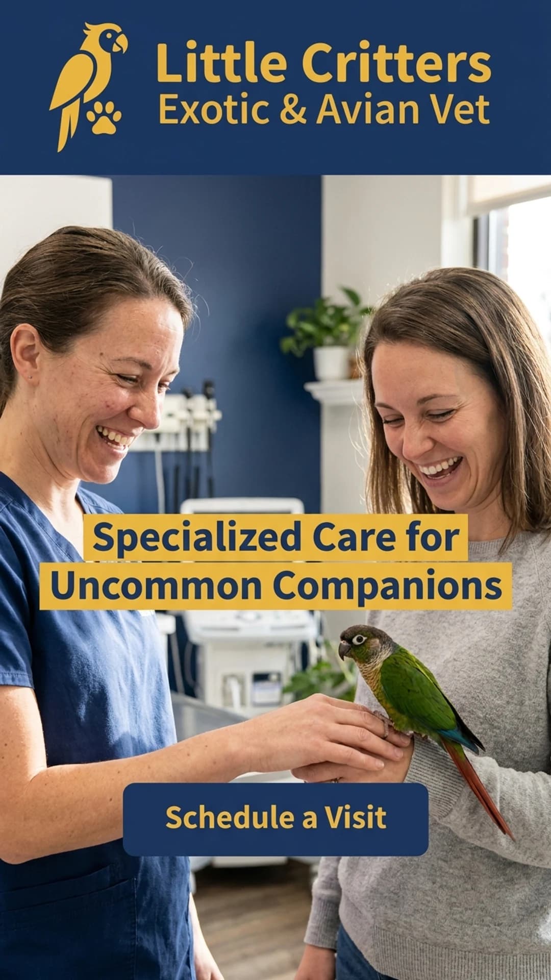 Exotic and avian veterinary clinic website design example, mobile view