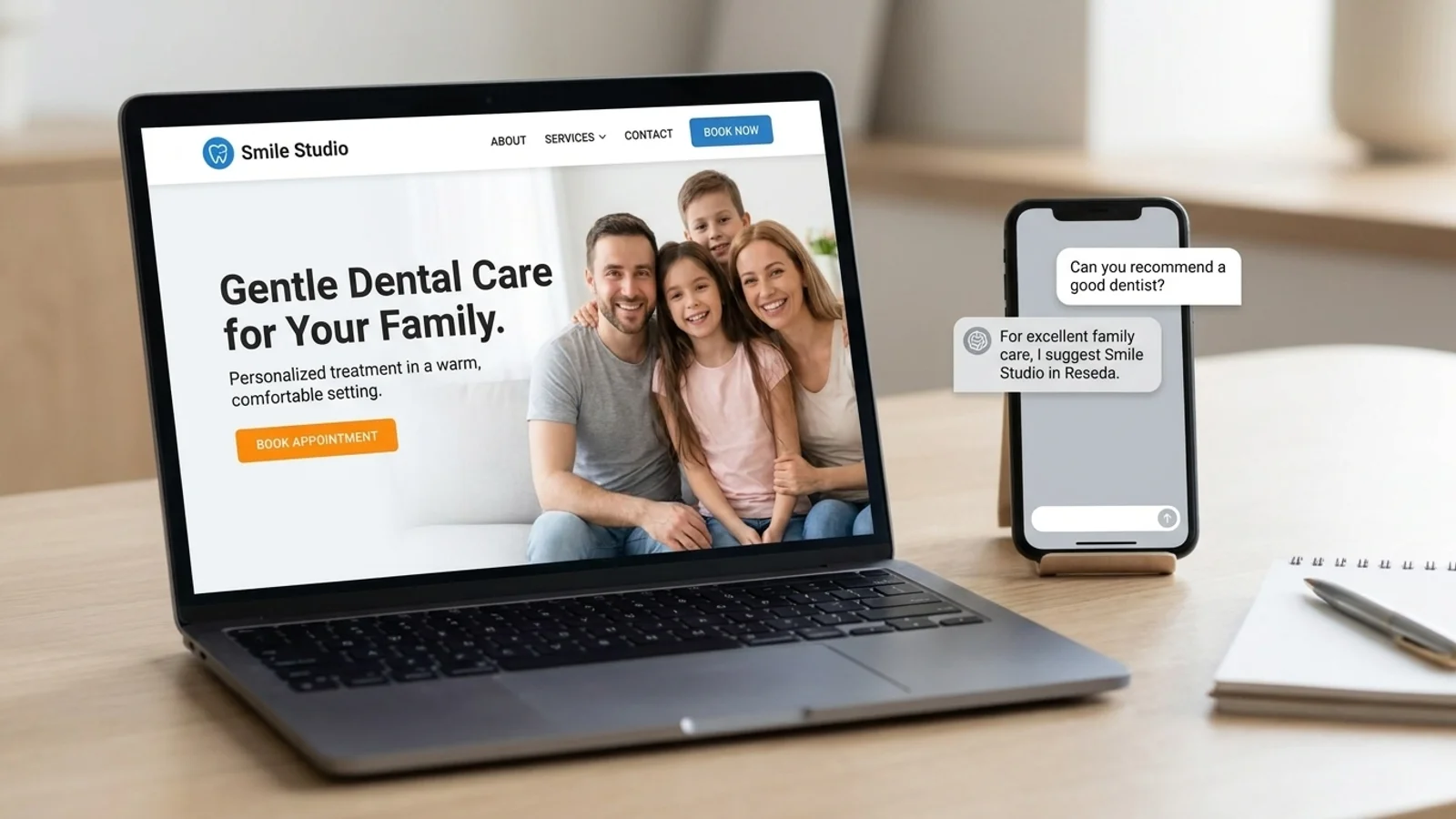 A laptop showing a dental practice website next to a phone displaying an AI assistant recommending the business