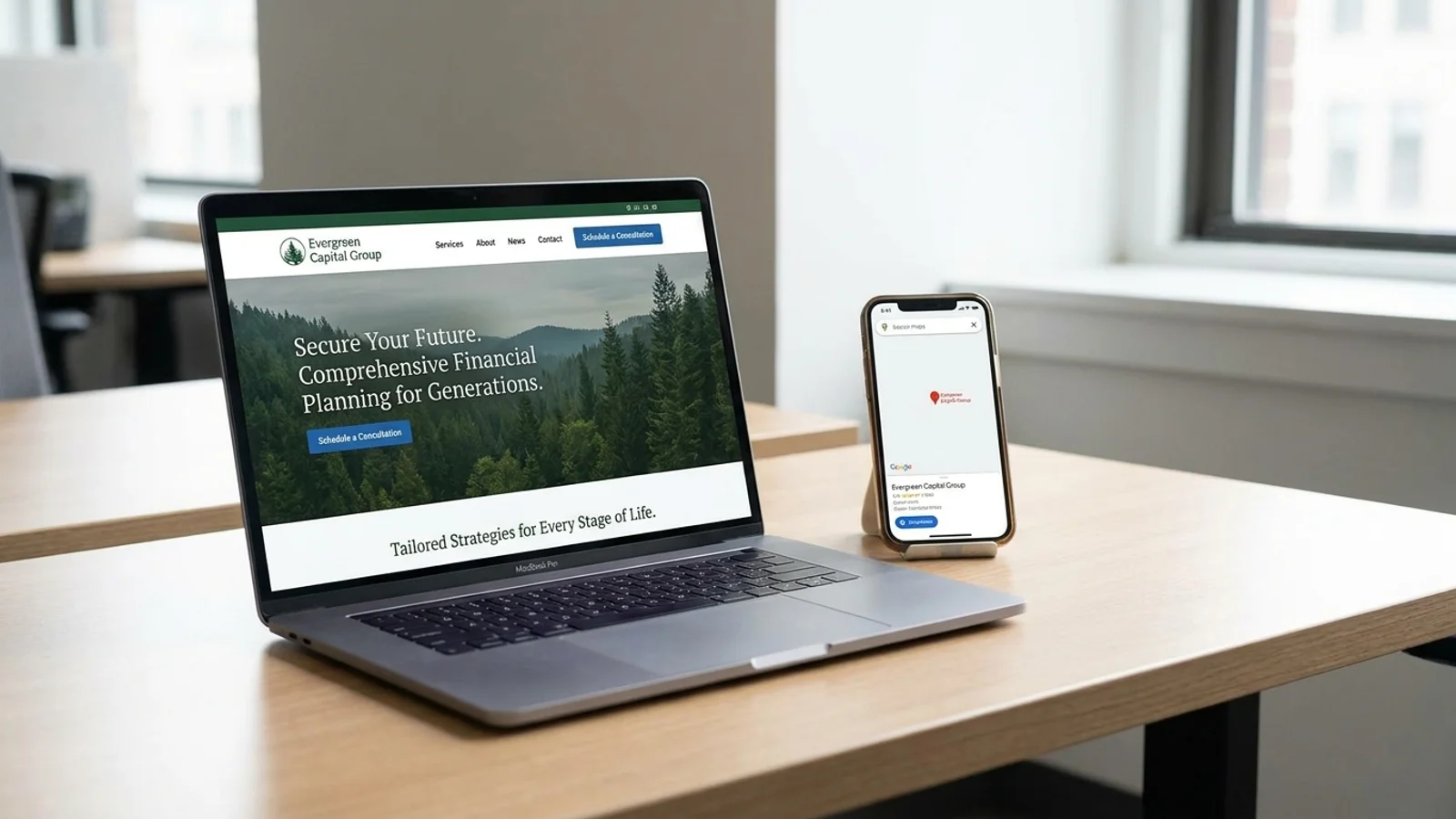 A laptop showing a financial planning website next to a phone displaying a Google Maps business listing