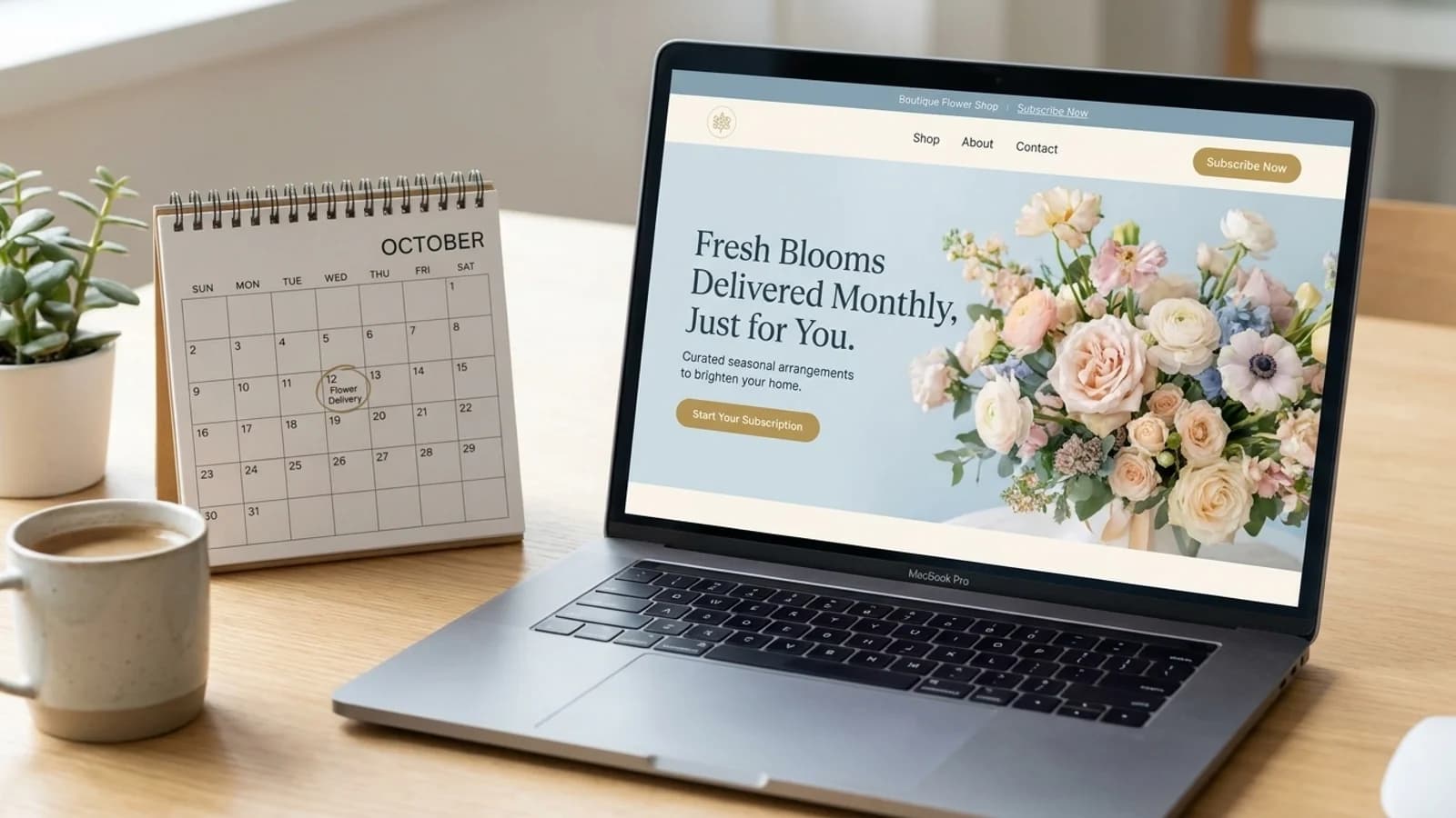 A laptop showing a flower shop website next to a desk calendar with a delivery date circled