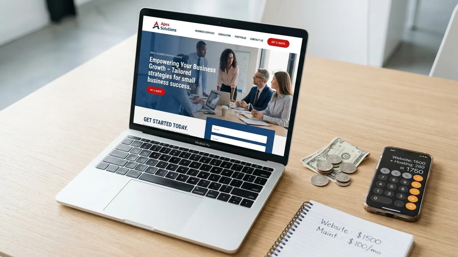 A laptop showing a small business website next to cash, a calculator, and a handwritten price notebook