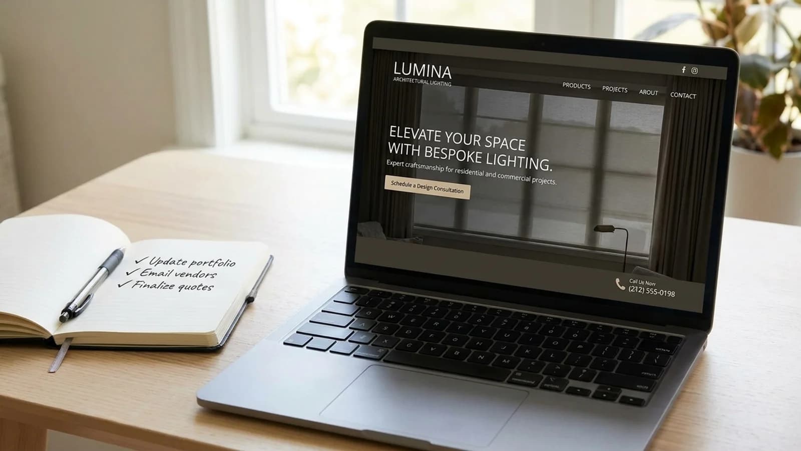 A laptop showing a lighting design website next to a notebook with a handwritten checklist