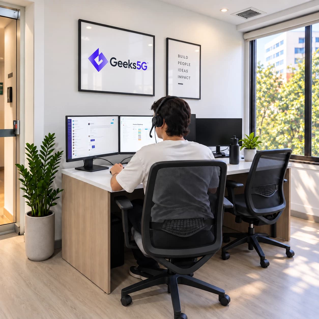 A Geeks5G Studios team member on a support call at his desk