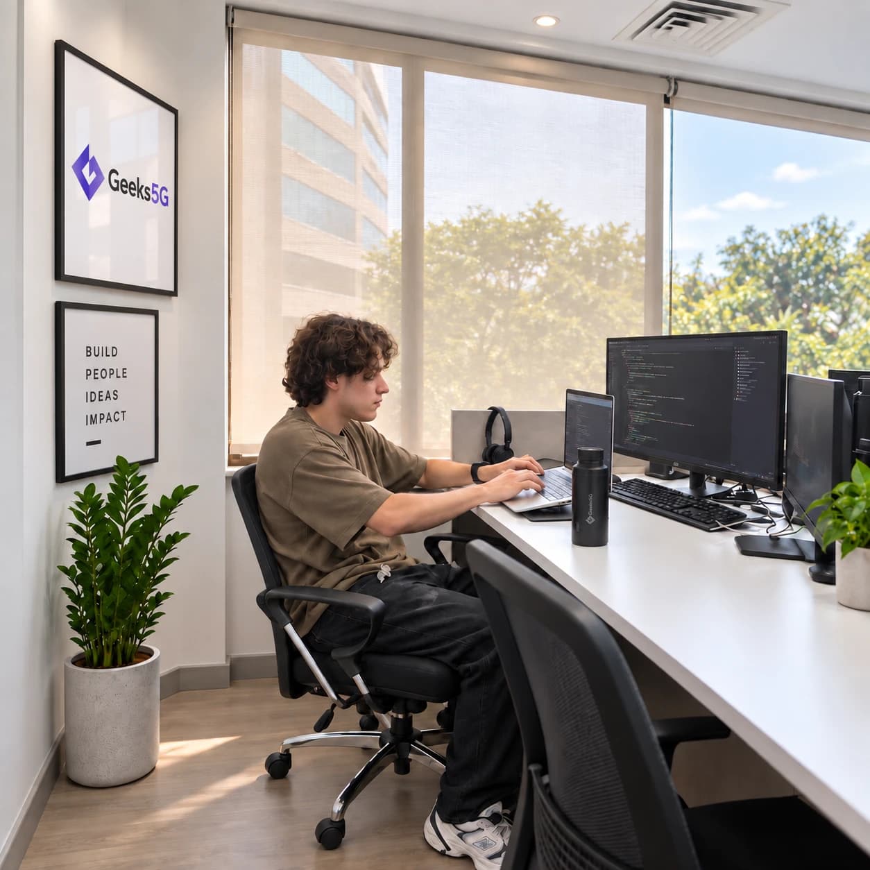 A Geeks5G Studios developer coding at a desk by a bright office window
